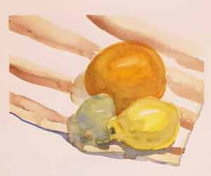 watercolour painting still life with lemon orange and lime