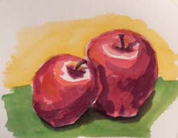 watercolour of fruit, two apples, still life